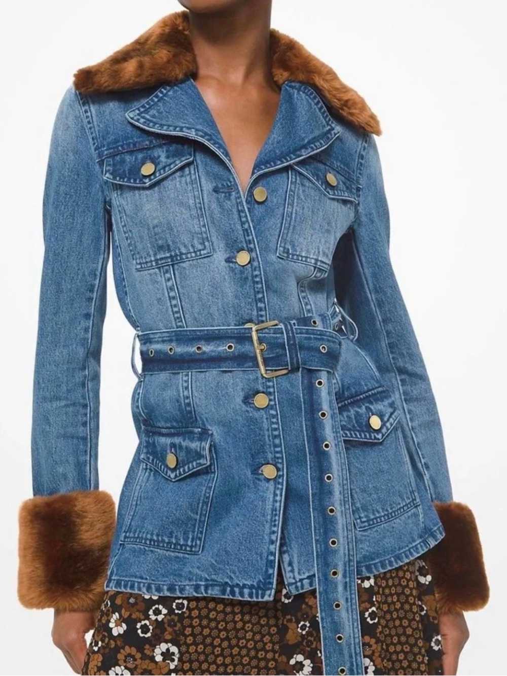 MICHAEL Michael Kors Blue Denim Belted Jacket with Brown Faux-Fur Collar & Cuffs